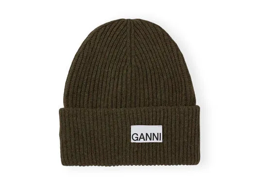Accessories GANNI Hats Green Fitted Wool Rib Knit Beanie Kalamata