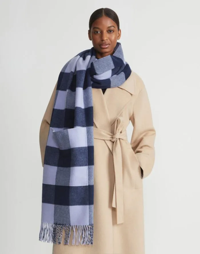 Accessories Gingham WoolCashmere Double Face Reversible Pocket Shawl Midnight Blue Multi Lafayette 148 New York Winter Accessories