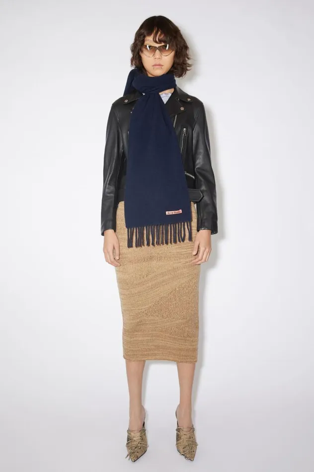 Acne Studios Fringe Wool Scarf 8211 Skinny Navy Blue Women Scarves
