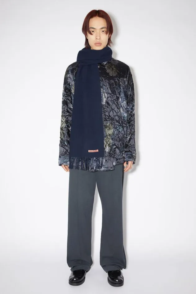 Acne Studios Fringe Wool Scarf 8211 Skinny Navy Blue Women Scarves
