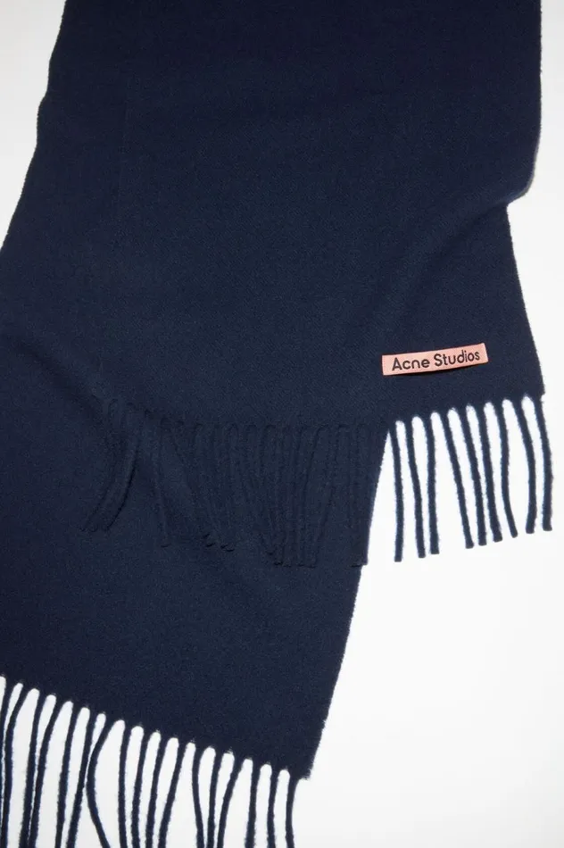 Acne Studios Fringe Wool Scarf 8211 Skinny Navy Blue Women Scarves