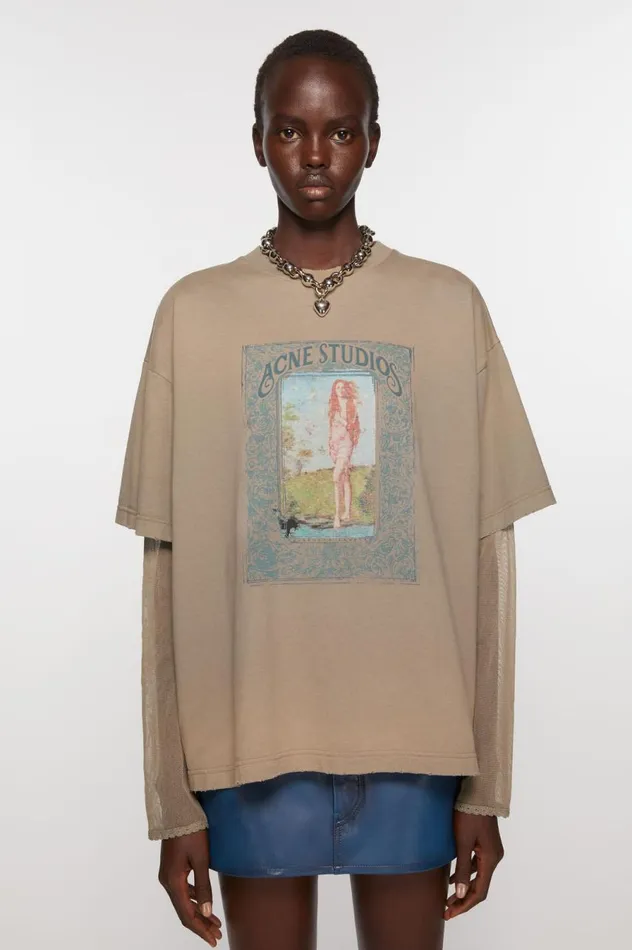 Acne Studios Layered Print Tshirt Mud Brown Women Tshirts