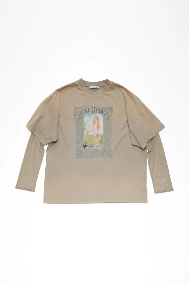 Acne Studios Layered Print Tshirt Mud Brown Women Tshirts
