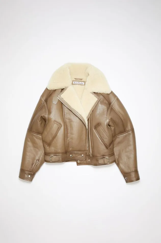 Acne Studios Leather Shearling Jacket Brownlight Camel Women Outerwear