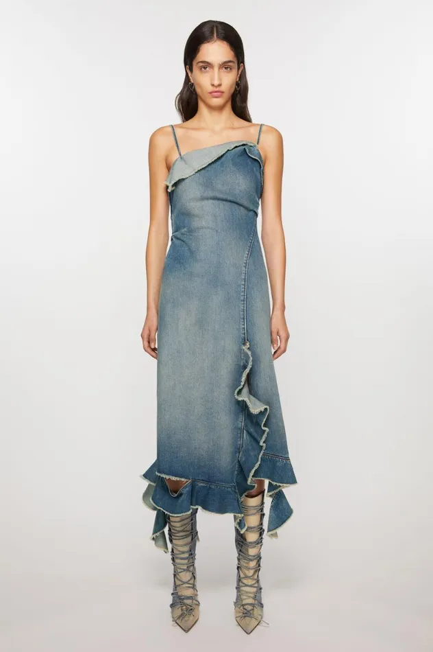 Acne Studios Ruffle Strap Denim Dress Mid Blue Women Dresses
