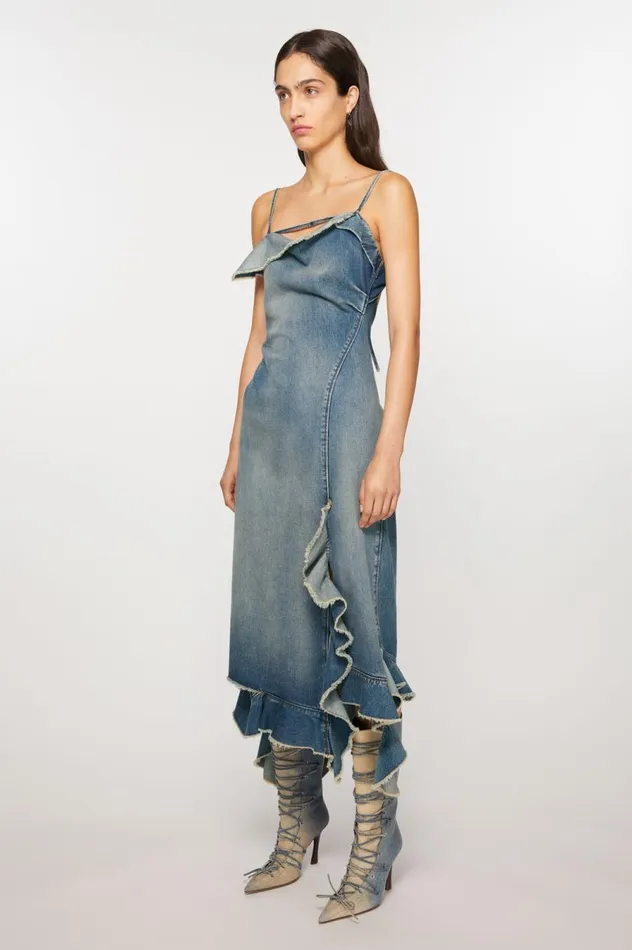 Acne Studios Ruffle Strap Denim Dress Mid Blue Women Dresses