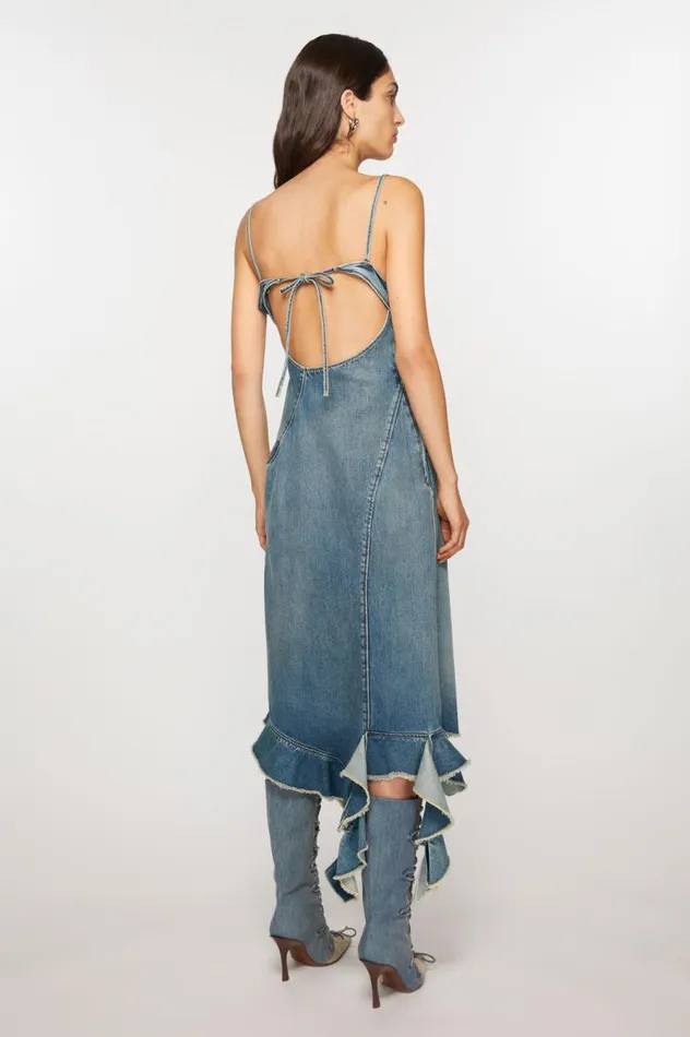 Acne Studios Ruffle Strap Denim Dress Mid Blue Women Dresses