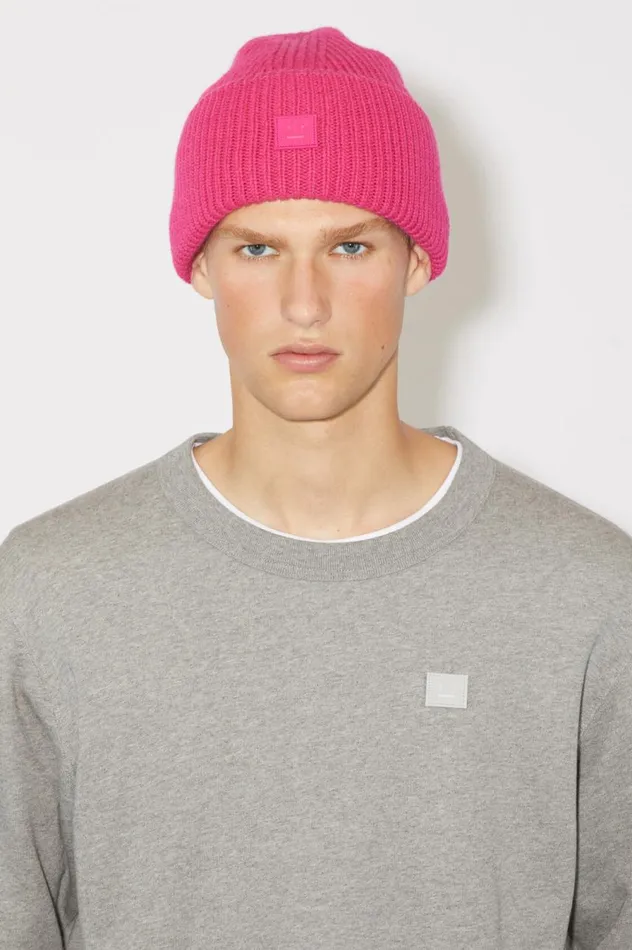 Acne Studios Small Face Logo Beanie Bright Pink Men Hats