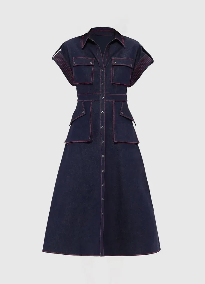 Audrey Pocket Shirt Denim Midi Dress 8211 Indigo Dresses and Jumpsuits LEO LIN Women