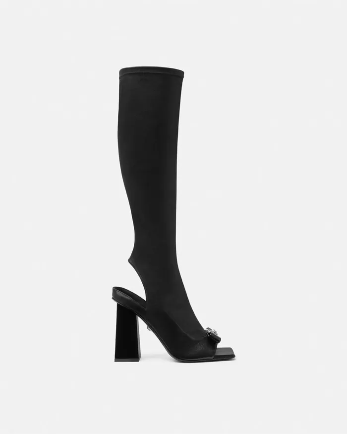 Boots Women Versace Gianni Ribbon Open KneeHigh Boots 105 Mm Blacksilver