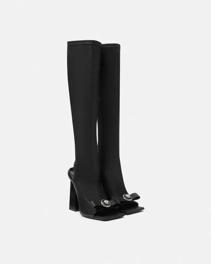 Boots Women Versace Gianni Ribbon Open KneeHigh Boots 105 Mm Blacksilver