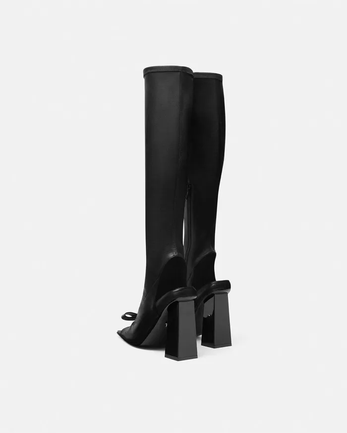 Boots Women Versace Gianni Ribbon Open KneeHigh Boots 105 Mm Blacksilver