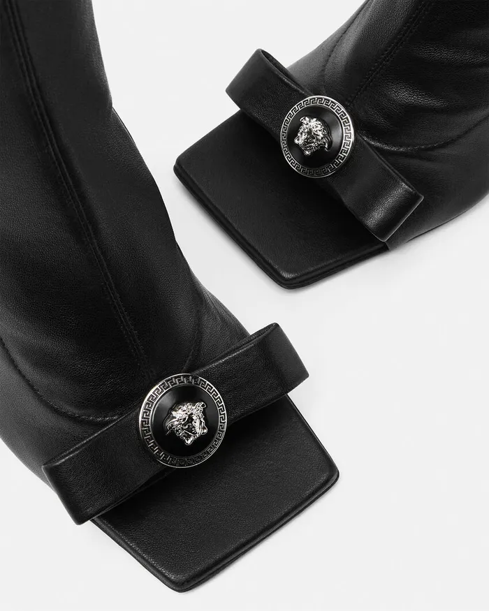 Boots Women Versace Gianni Ribbon Open KneeHigh Boots 105 Mm Blacksilver