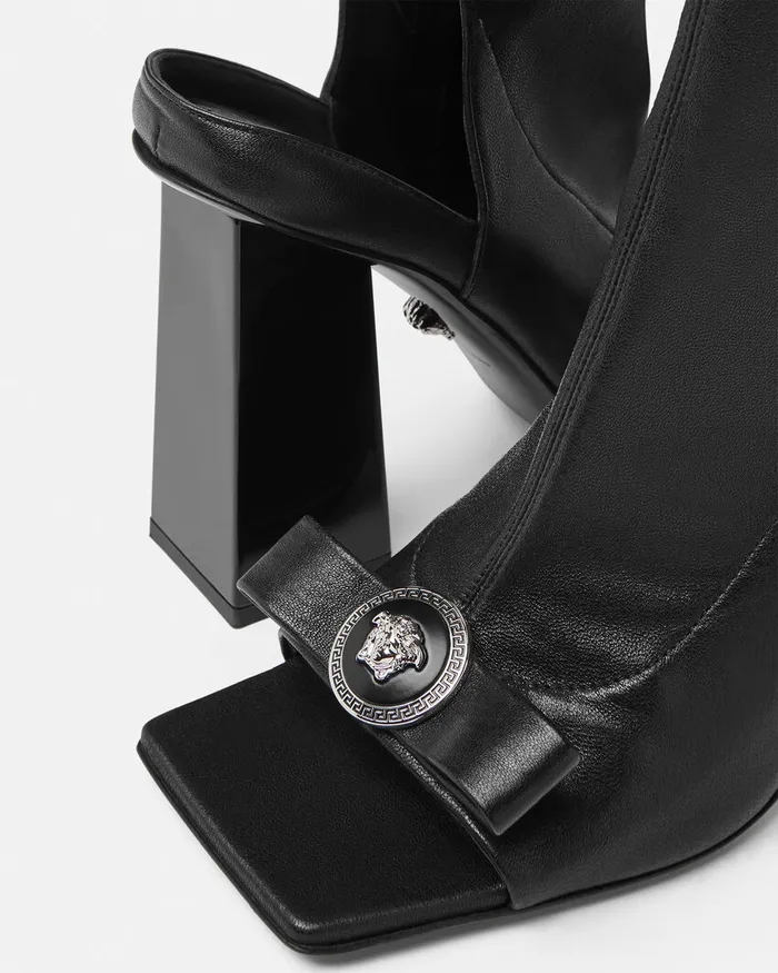 Boots Women Versace Gianni Ribbon Open KneeHigh Boots 105 Mm Blacksilver