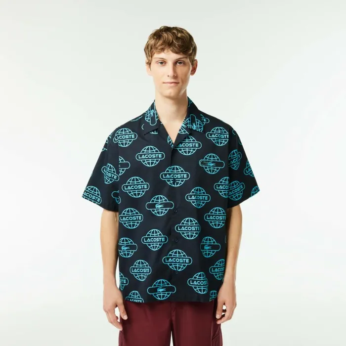 Button Down Shirts Men Lacoste Men039s Globe Print Cotton Twill Shirt Black Blue Qpi