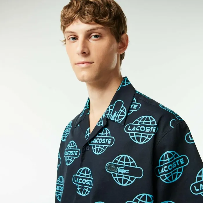 Button Down Shirts Men Lacoste Men039s Globe Print Cotton Twill Shirt Black Blue Qpi