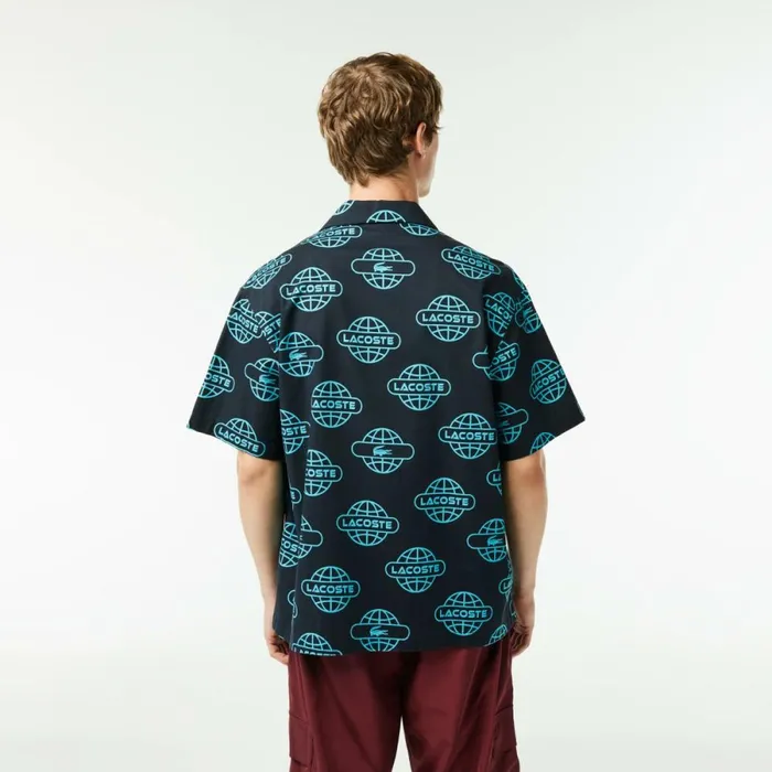 Button Down Shirts Men Lacoste Men039s Globe Print Cotton Twill Shirt Black Blue Qpi
