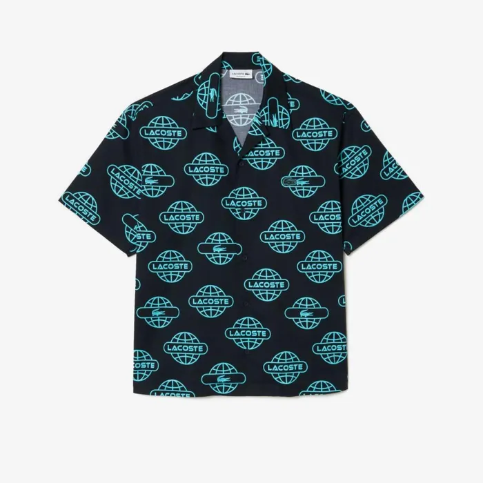 Button Down Shirts Men Lacoste Men039s Globe Print Cotton Twill Shirt Black Blue Qpi