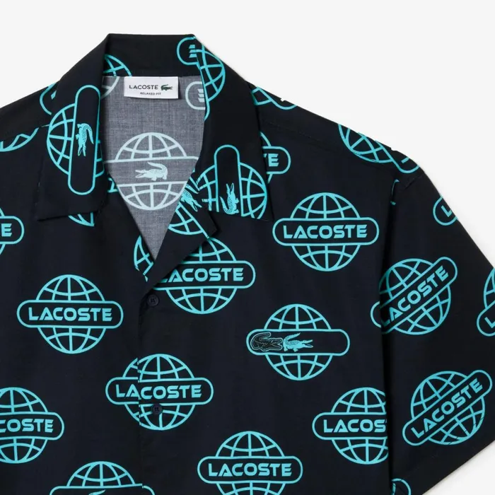 Button Down Shirts Men Lacoste Men039s Globe Print Cotton Twill Shirt Black Blue Qpi