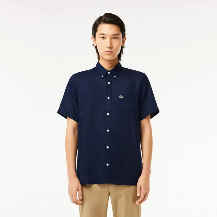 Button Down Shirts Men Lacoste Mens Short Sleeve Linen Shirt Navy Blue 166