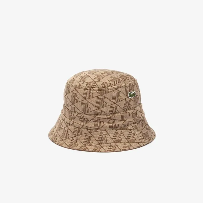 Caps and Hats MenWomen Lacoste Unisex Reversible Signature Monogram Jacquard Bucket Hat Beige Brown Irp