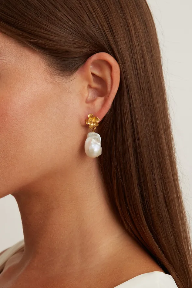 Chan Luu Earrings Gold Hibiscus Pearl Drop Earrings 8211 Women