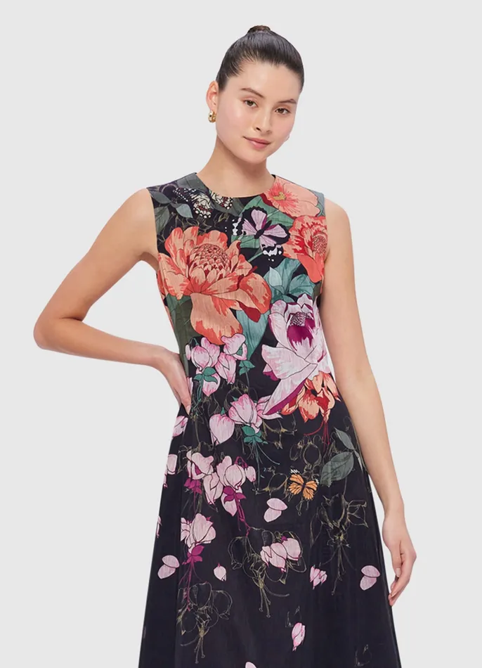 Cleo Sleeveless Midi Dress 8211 Lush Print in Black Women Dresses and Jumpsuits LEO LIN