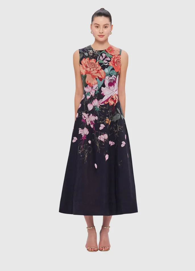 Cleo Sleeveless Midi Dress 8211 Lush Print in Black Women Dresses and Jumpsuits LEO LIN