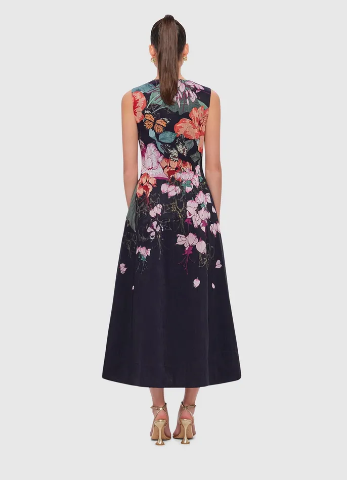 Cleo Sleeveless Midi Dress 8211 Lush Print in Black Women Dresses and Jumpsuits LEO LIN
