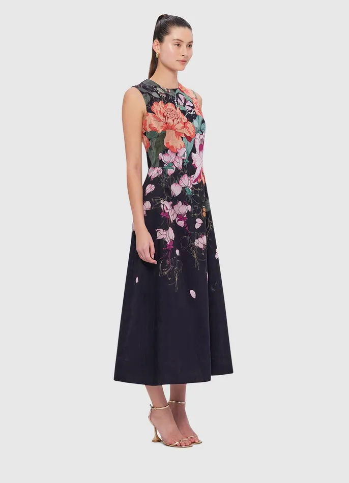 Cleo Sleeveless Midi Dress 8211 Lush Print in Black Women Dresses and Jumpsuits LEO LIN