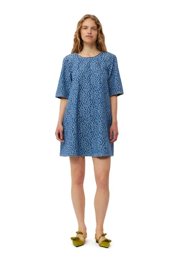 Clothing GANNI CoOrds Blue Jacquard Denim Aline Mini Dress Mid Blue Stone