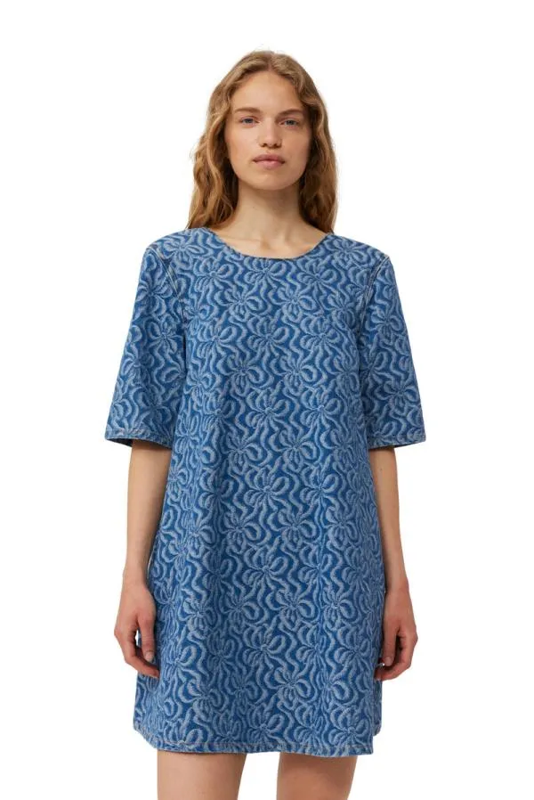 Clothing GANNI CoOrds Blue Jacquard Denim Aline Mini Dress Mid Blue Stone