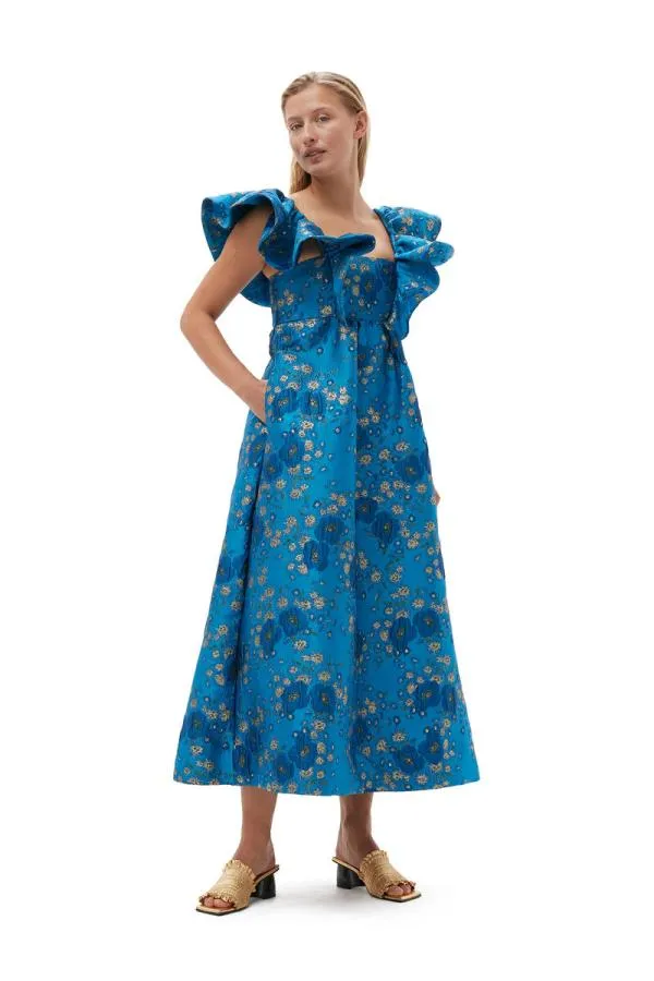 Clothing GANNI Dresses 3D Jacquard Ruffle Midi Dress Brilliant Blue