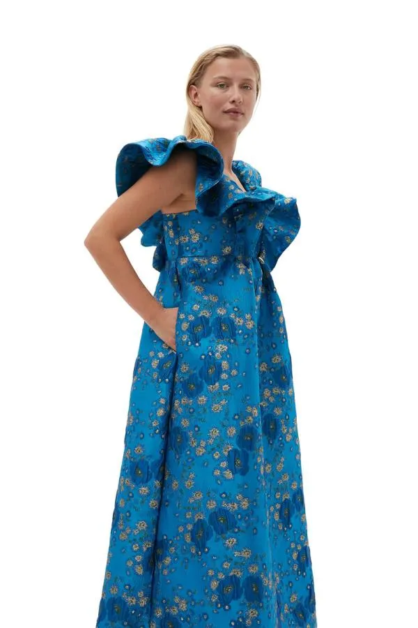 Clothing GANNI Dresses 3D Jacquard Ruffle Midi Dress Brilliant Blue Clothing GANNI Dresses 3D Jacquard Ruffle Midi Dress Brilliant Blue