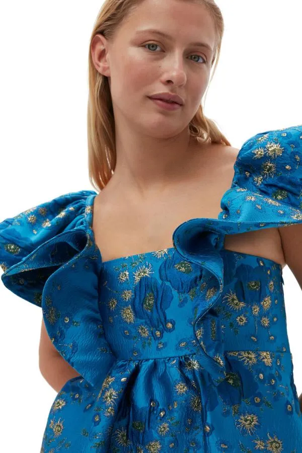 Clothing GANNI Dresses 3D Jacquard Ruffle Midi Dress Brilliant Blue Clothing GANNI Dresses 3D Jacquard Ruffle Midi Dress Brilliant Blue