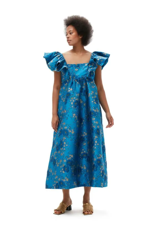 Clothing GANNI Dresses 3D Jacquard Ruffle Midi Dress Brilliant Blue Clothing GANNI Dresses 3D Jacquard Ruffle Midi Dress Brilliant Blue