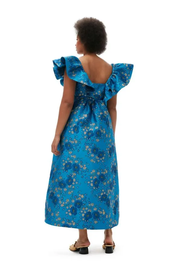 Clothing GANNI Dresses 3D Jacquard Ruffle Midi Dress Brilliant Blue Clothing GANNI Dresses 3D Jacquard Ruffle Midi Dress Brilliant Blue