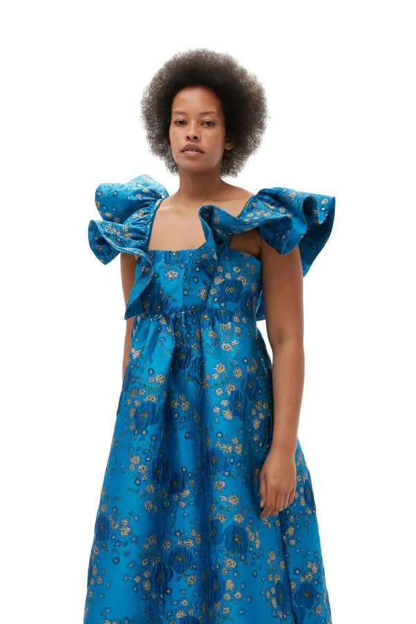 Clothing GANNI Dresses 3D Jacquard Ruffle Midi Dress Brilliant Blue Clothing GANNI Dresses 3D Jacquard Ruffle Midi Dress Brilliant Blue