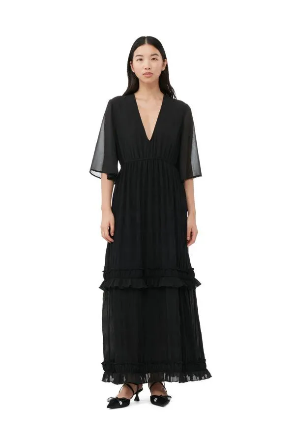 Clothing GANNI Dresses Black Pleated Georgette Maxi Dress Black