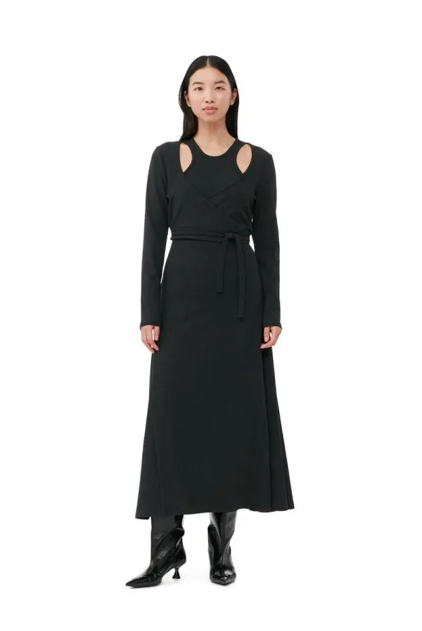Clothing GANNI Dresses Black Rib Jersey Wrap Maxi Dress Paloma Melange