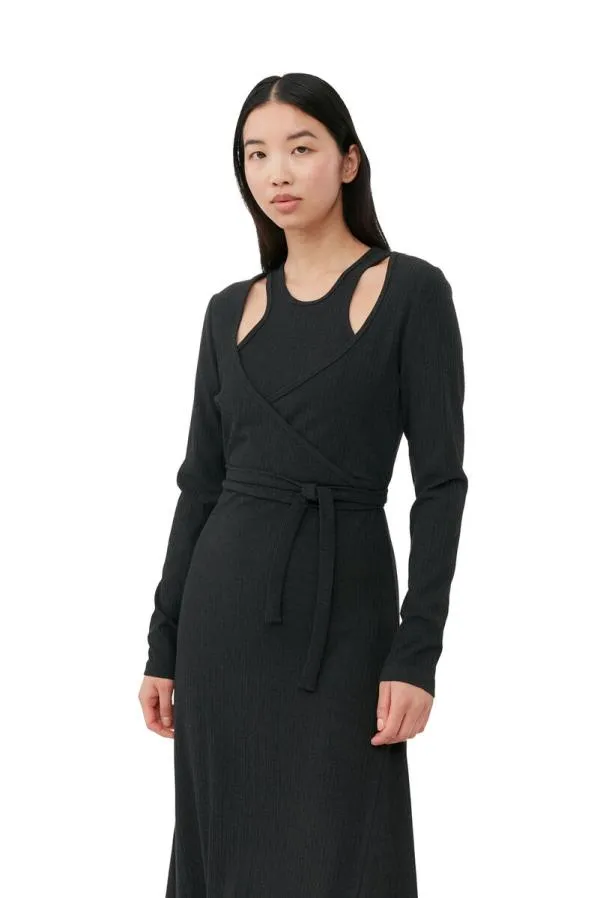 Clothing GANNI Dresses Black Rib Jersey Wrap Maxi Dress Paloma Melange Clothing GANNI Dresses Black Rib Jersey Wrap Maxi Dress Paloma Melange
