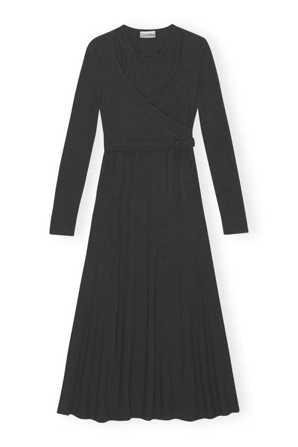 Clothing GANNI Dresses Black Rib Jersey Wrap Maxi Dress Paloma Melange Clothing GANNI Dresses Black Rib Jersey Wrap Maxi Dress Paloma Melange