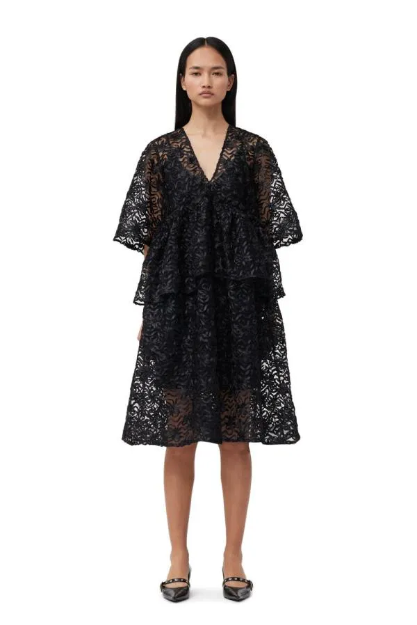 Clothing GANNI Dresses Black Ribbon Tulle Flounce Midi Dress Black