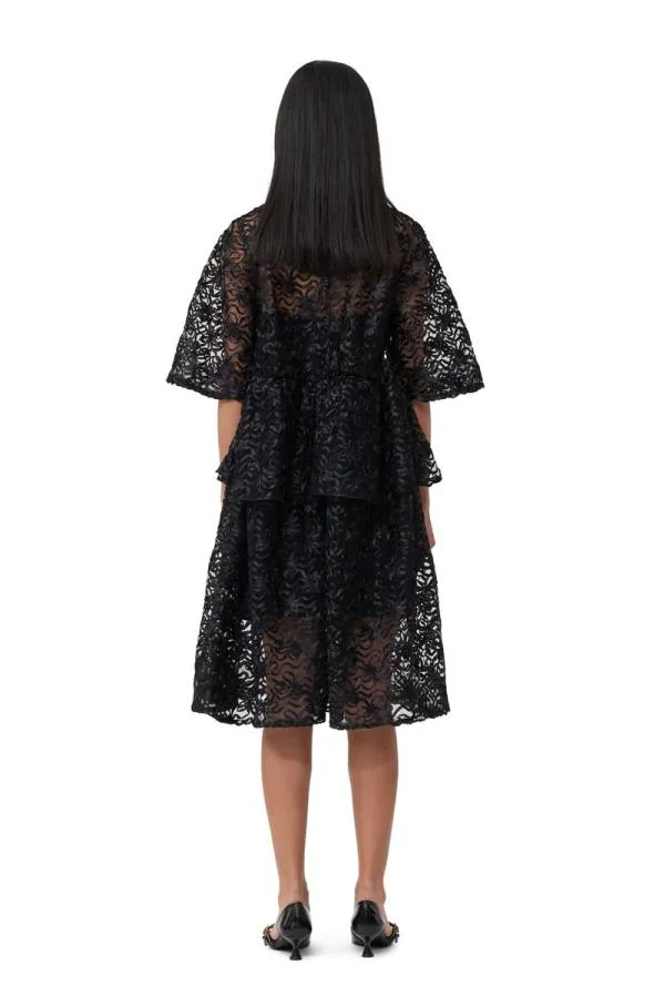 Clothing GANNI Dresses Black Ribbon Tulle Flounce Midi Dress Black Clothing GANNI Dresses Black Ribbon Tulle Flounce Midi Dress Black