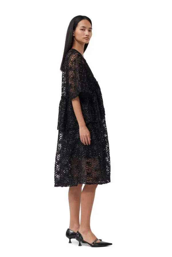 Clothing GANNI Dresses Black Ribbon Tulle Flounce Midi Dress Black Clothing GANNI Dresses Black Ribbon Tulle Flounce Midi Dress Black