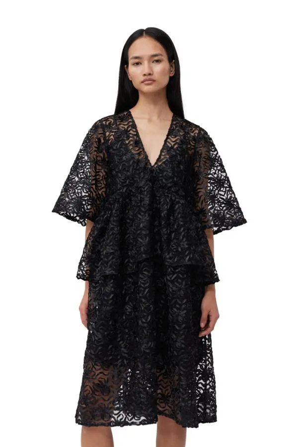 Clothing GANNI Dresses Black Ribbon Tulle Flounce Midi Dress Black Clothing GANNI Dresses Black Ribbon Tulle Flounce Midi Dress Black