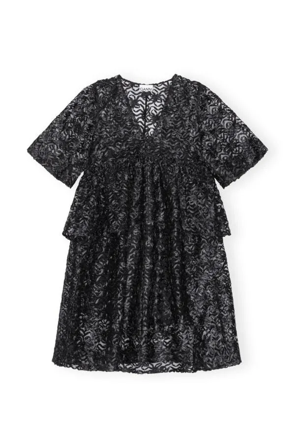 Clothing GANNI Dresses Black Ribbon Tulle Flounce Midi Dress Black Clothing GANNI Dresses Black Ribbon Tulle Flounce Midi Dress Black
