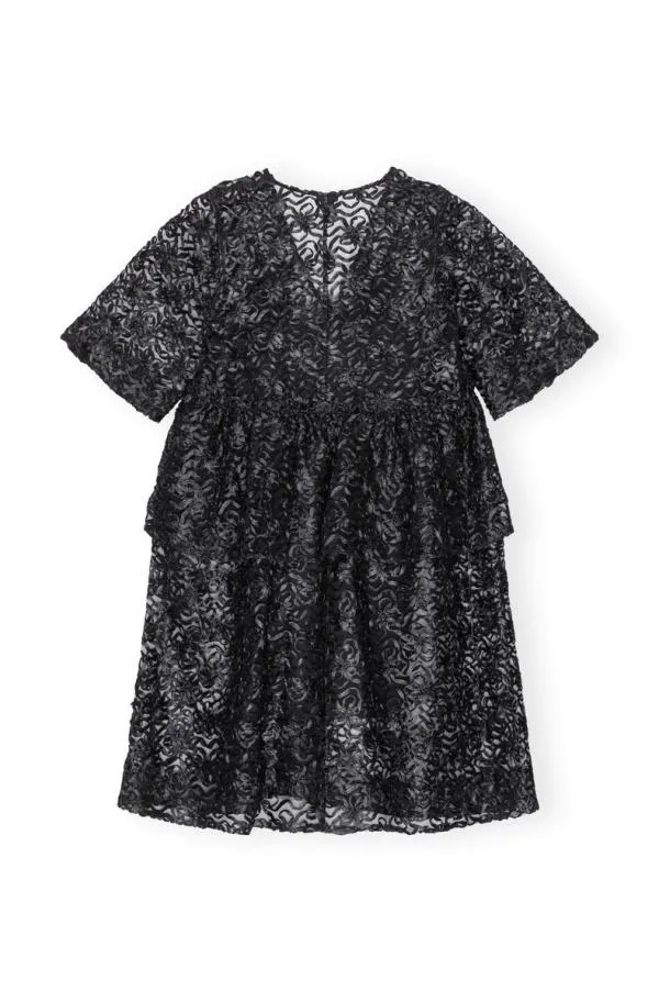 Clothing GANNI Dresses Black Ribbon Tulle Flounce Midi Dress Black Clothing GANNI Dresses Black Ribbon Tulle Flounce Midi Dress Black
