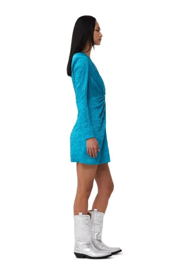 Clothing GANNI Dresses Blue Crinkled Satin Gathered Knot Mini Dress Algiers Blue Clothing GANNI Dresses Blue Crinkled Satin Gathered Knot Mini Dress Algiers Blue