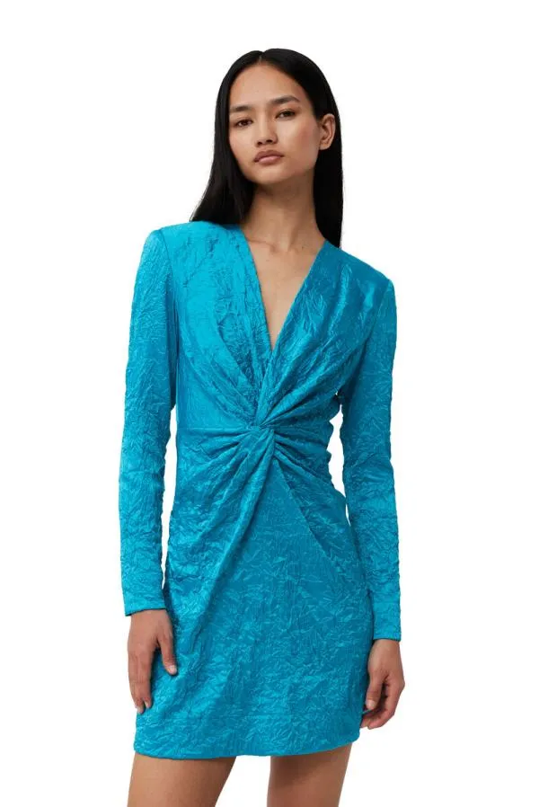 Clothing GANNI Dresses Blue Crinkled Satin Gathered Knot Mini Dress Algiers Blue Clothing GANNI Dresses Blue Crinkled Satin Gathered Knot Mini Dress Algiers Blue